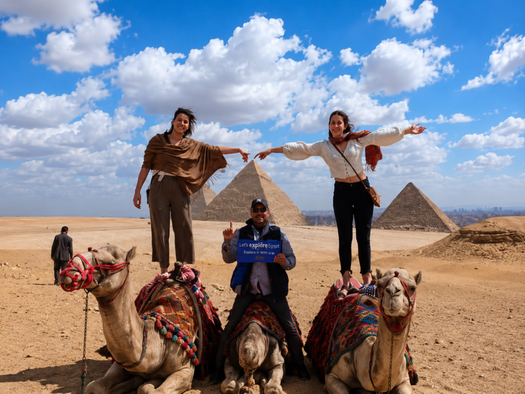 Tourists enjoying a camel ride in front of the Great Pyramids of Giza during a private half-day tour with an authentic Egyptian lunch."