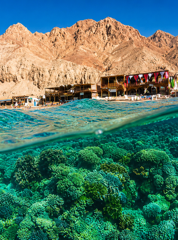 Crystal-clear turquoise waters and sandy beach in Hurghada, Egypt