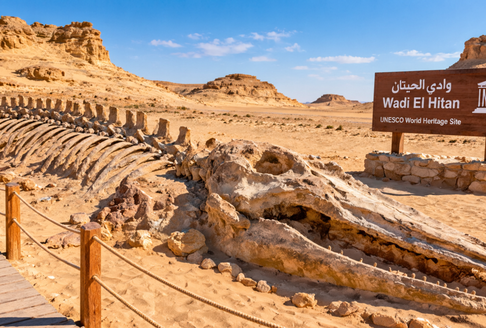 Ancient whale fossils in the desert landscape of Wadi El Hitan, Fayoum, Egypt