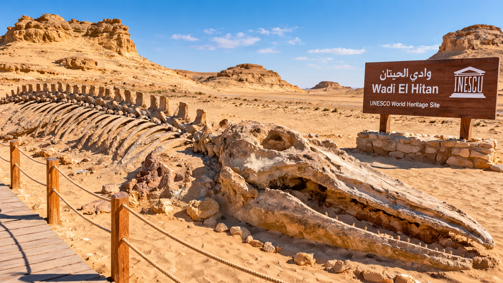 Ancient whale fossils in the desert landscape of Wadi El Hitan, Fayoum, Egypt