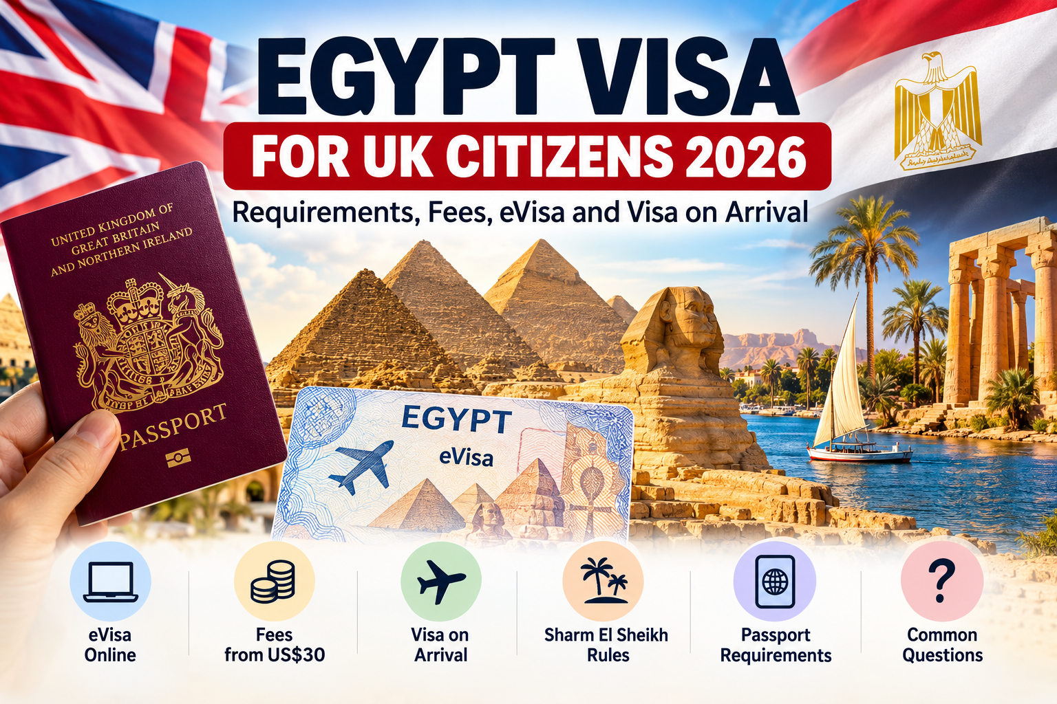 Egypt visa requirements for UK citizens, including eVisa fees, visa on arrival, passport validity, Hurghada entry rules and Sharm El Sheikh exemptions.