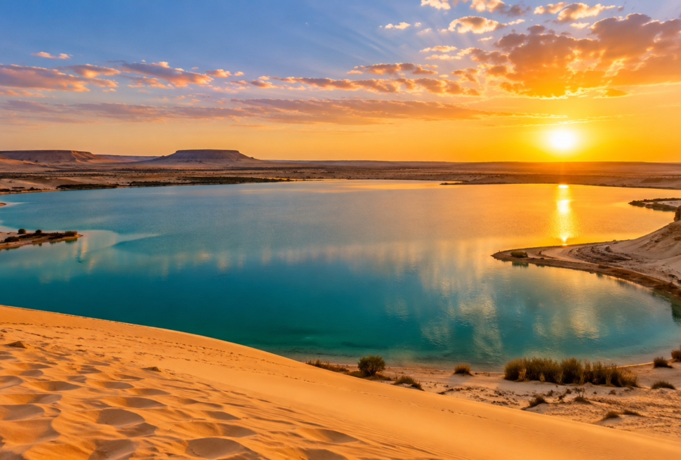Magic Lake in Fayoum Egypt surrounded by desert sand dunes at sunset