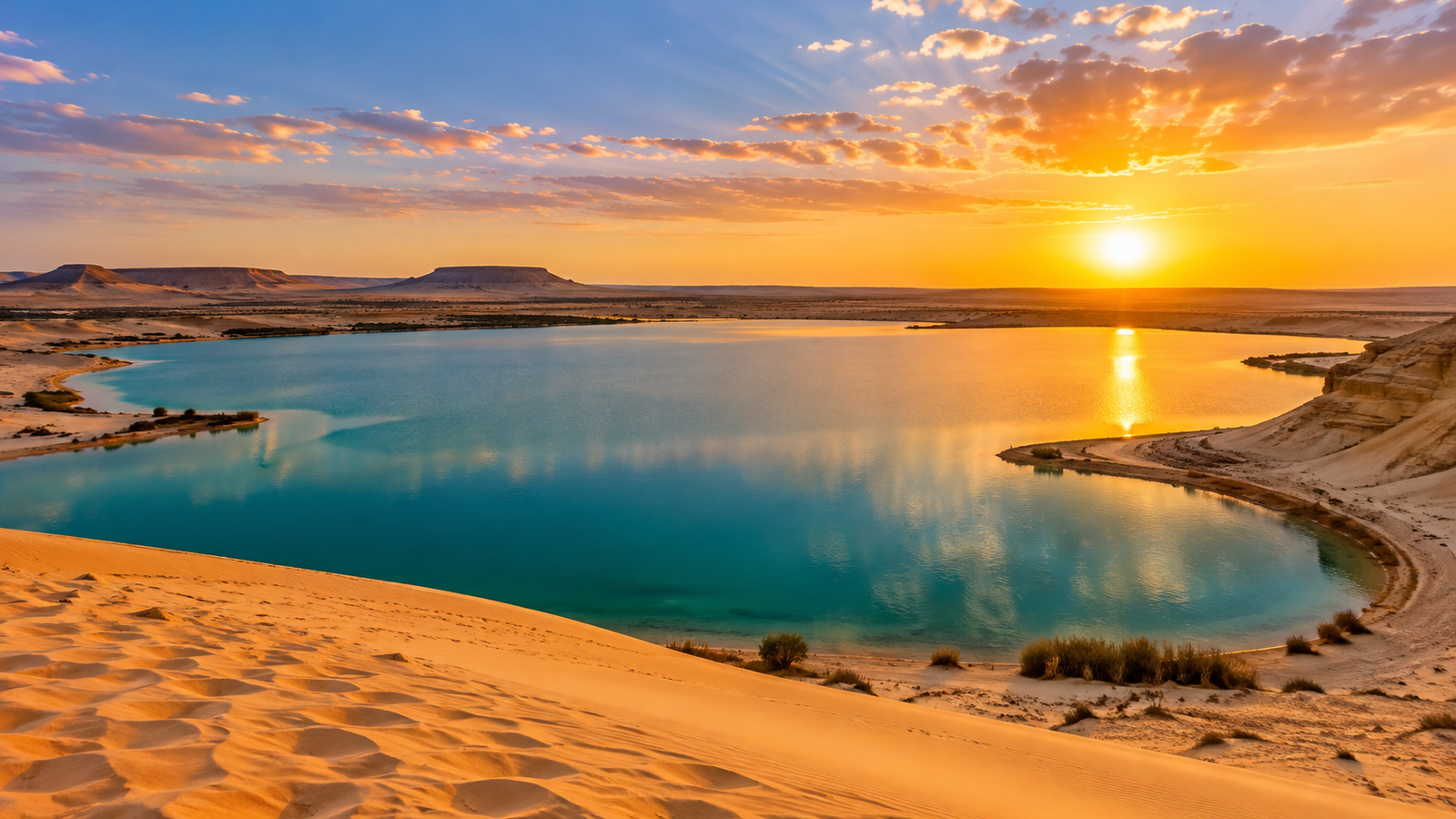 Magic Lake in Fayoum Egypt surrounded by desert sand dunes at sunset